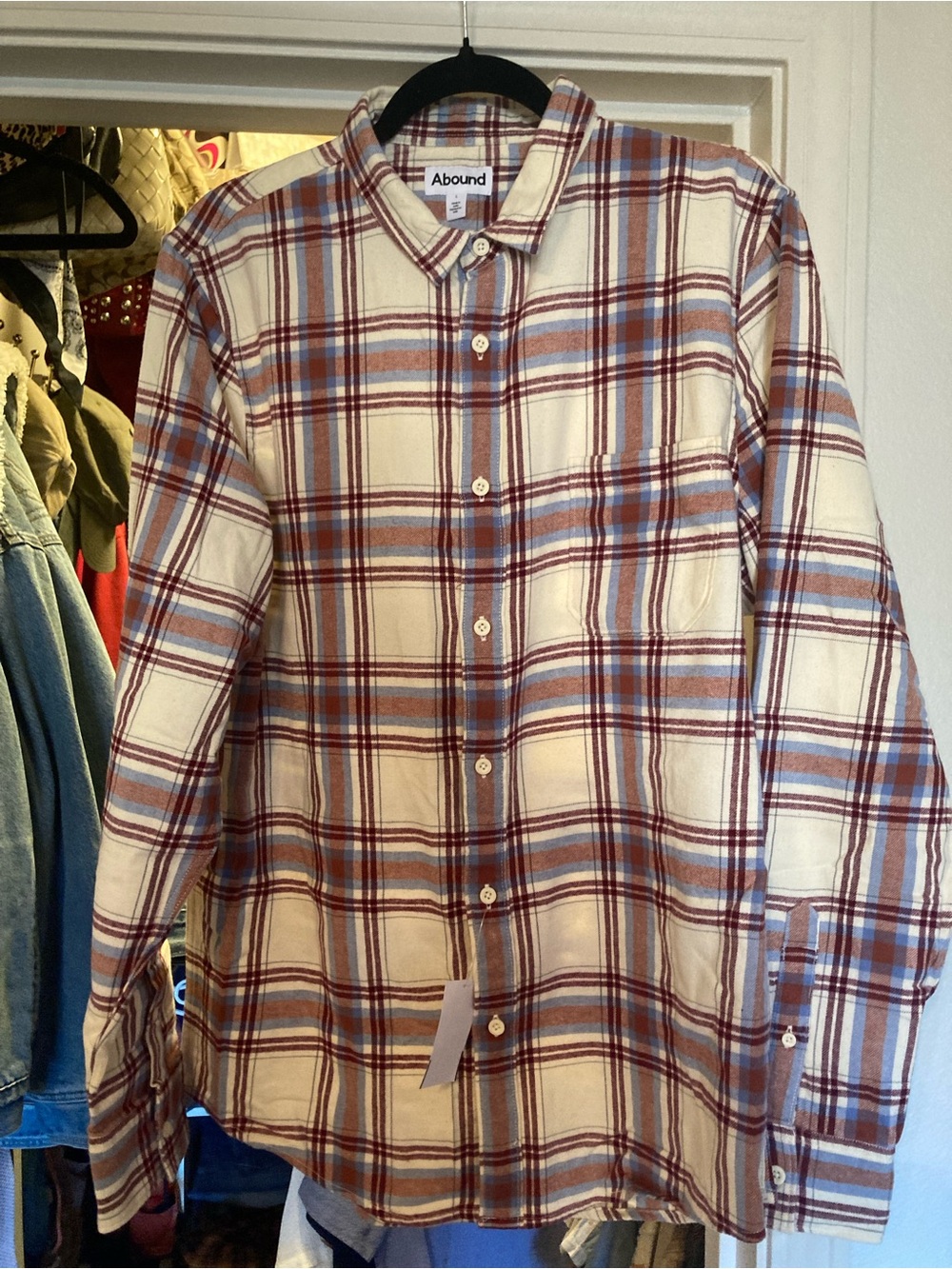 Abound Men's Cream Plaid Button-Down Flannel with Burgundy & Light Blue